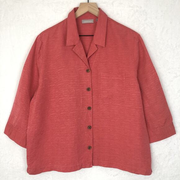 VTG NORDSTROM Linen Silk Top Sz L Coral 3/4 Sleeve Button Up Textured Notch‎ - Picture 1 of 11
